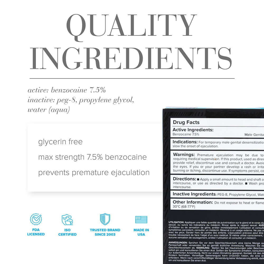 JO Prolonger Benzocaine Desensitizing Spray 2 Oz ingredients list showing benzocaine 7.5% and quality notes.