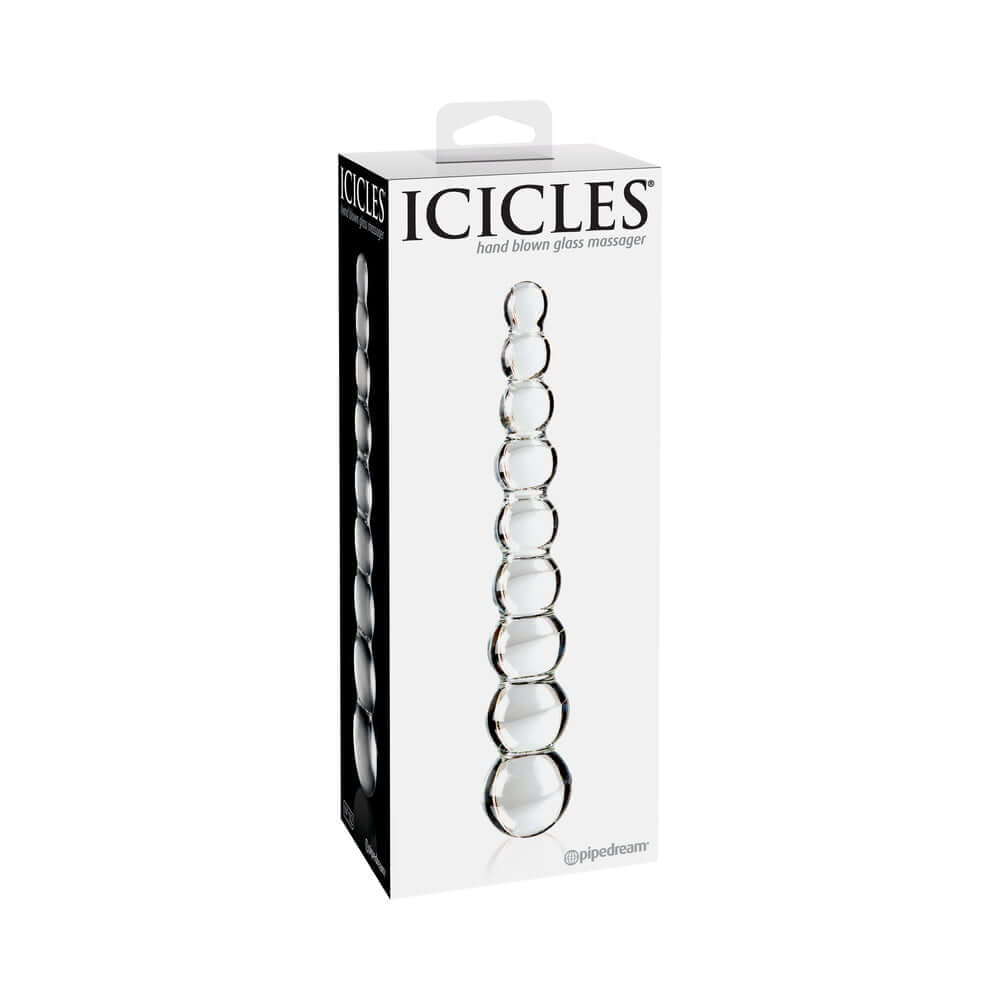 Icicles No 2 Beaded 8.5 inches Glass Dildo Clear packaging display, showcasing the elegant design and craftsmanship.