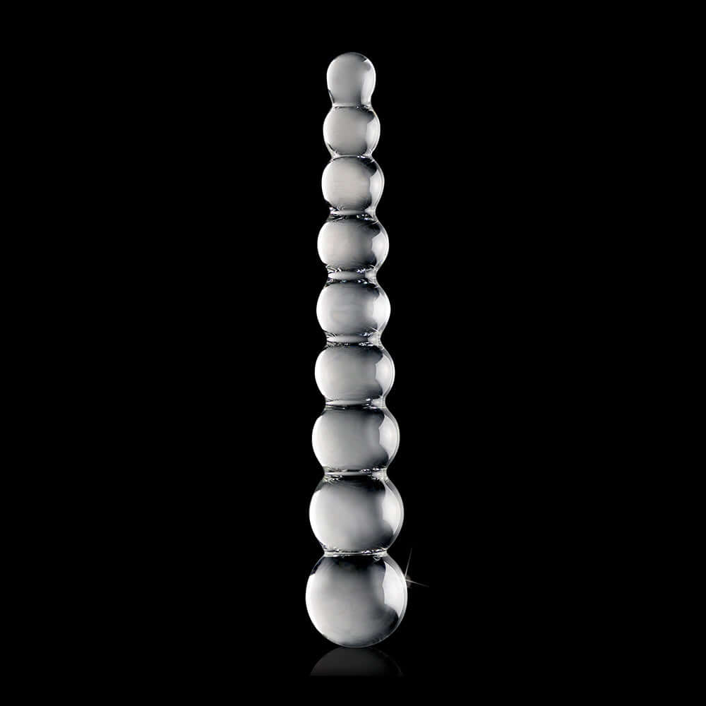 Icicles No 2 Beaded 8.5 inches Glass Dildo Clear featuring rounded beads and a sleek design on a black background.