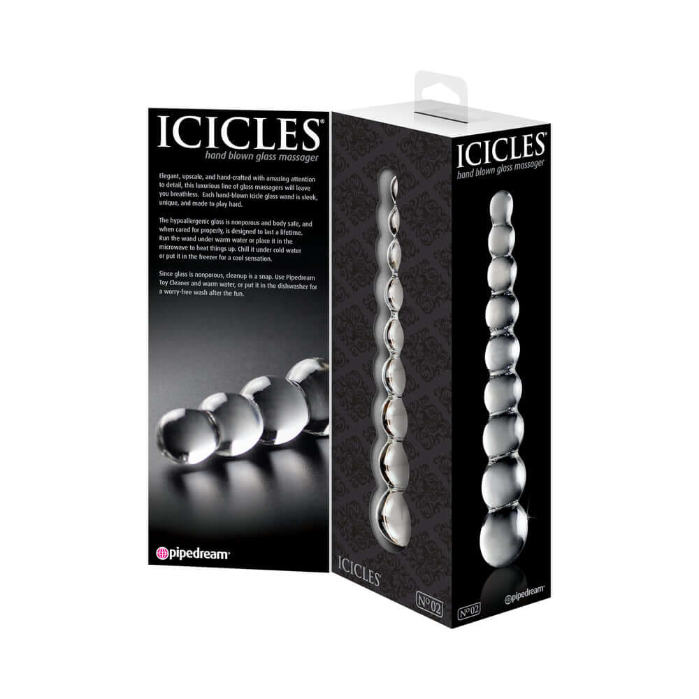 Icicles No 2 Beaded 8.5 inches Glass Dildo Clear packaging showing elegant design and features