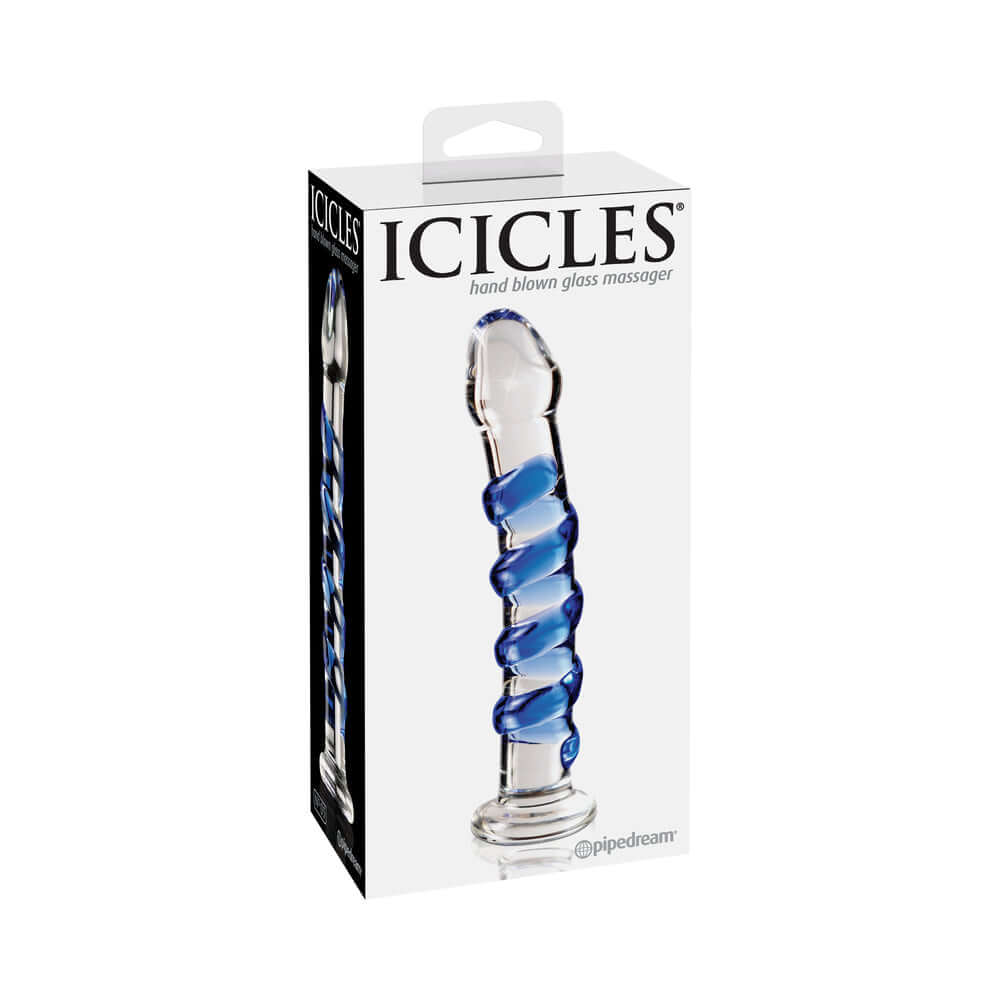 Icicles No. 5 Curved Ribbed 7 inches Glass Dildo Blue/Clear