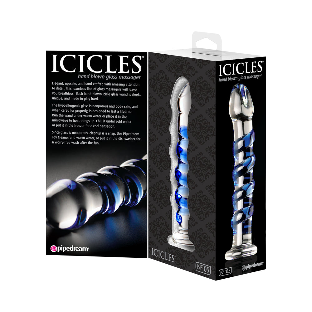 Icicles No. 5 Curved Ribbed 7 inches Glass Dildo Blue/Clear