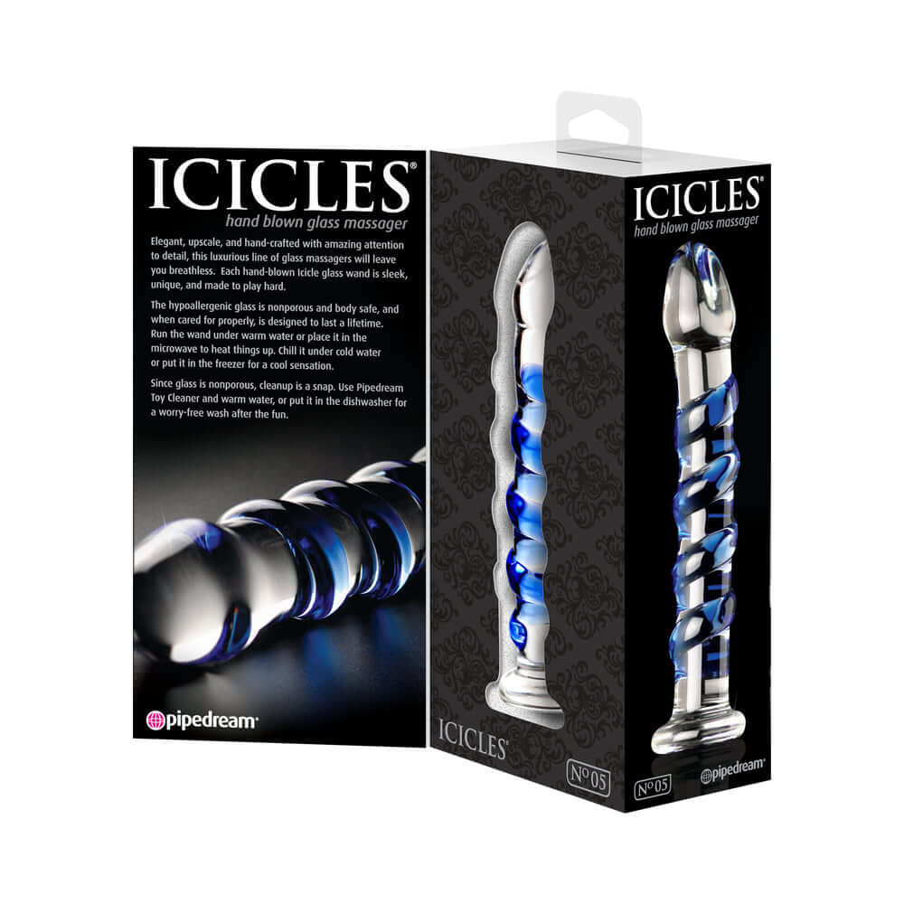 Icicles No. 5 Curved Ribbed 7 inches Glass Dildo Blue/Clear