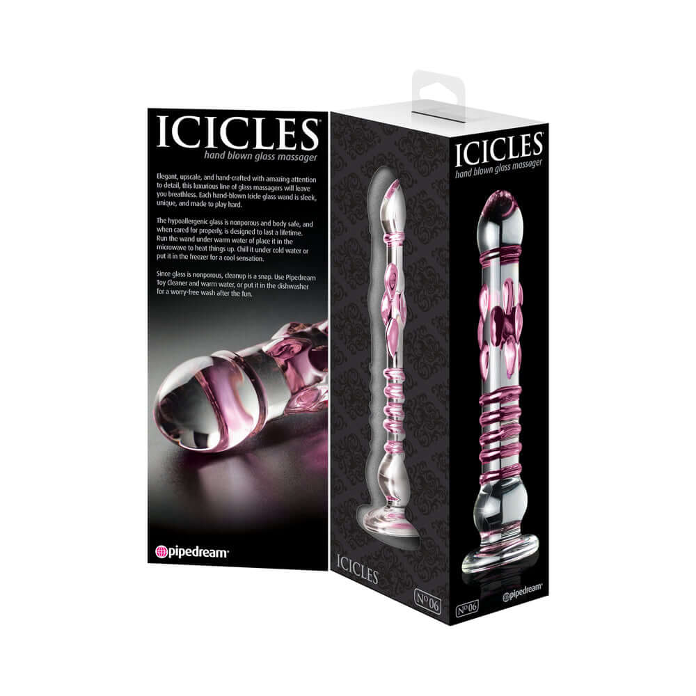 Icicles No. 6 Textured 8.5 inches Glass Dildo Pink/Clear