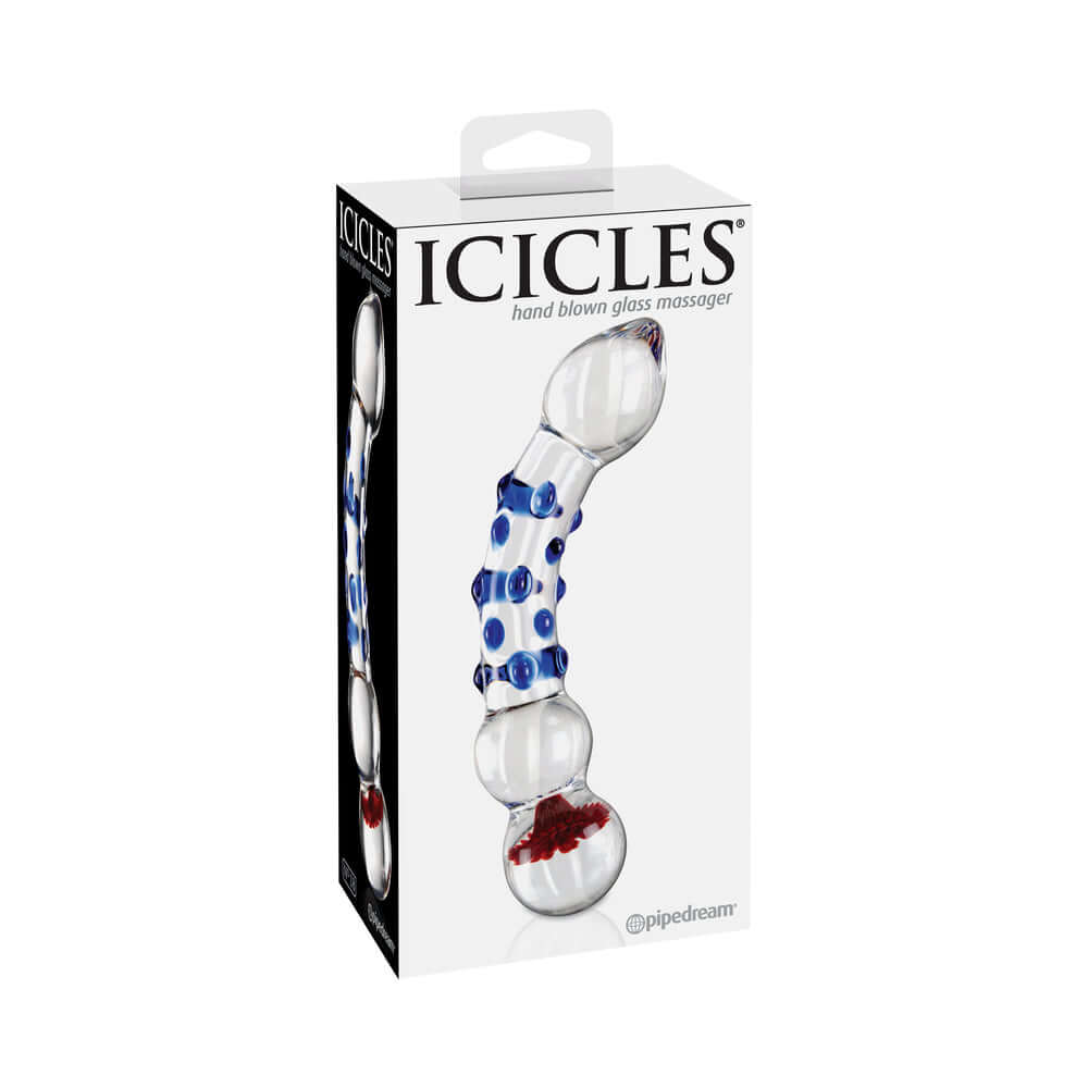 Icicles No. 18 Curved Textured 7.5 inches Glass Dildo Blue/Red/Clear