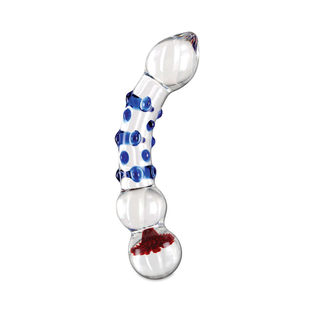 Icicles No. 18 Curved Textured 7.5 inches Glass Dildo Blue/Red/Clear