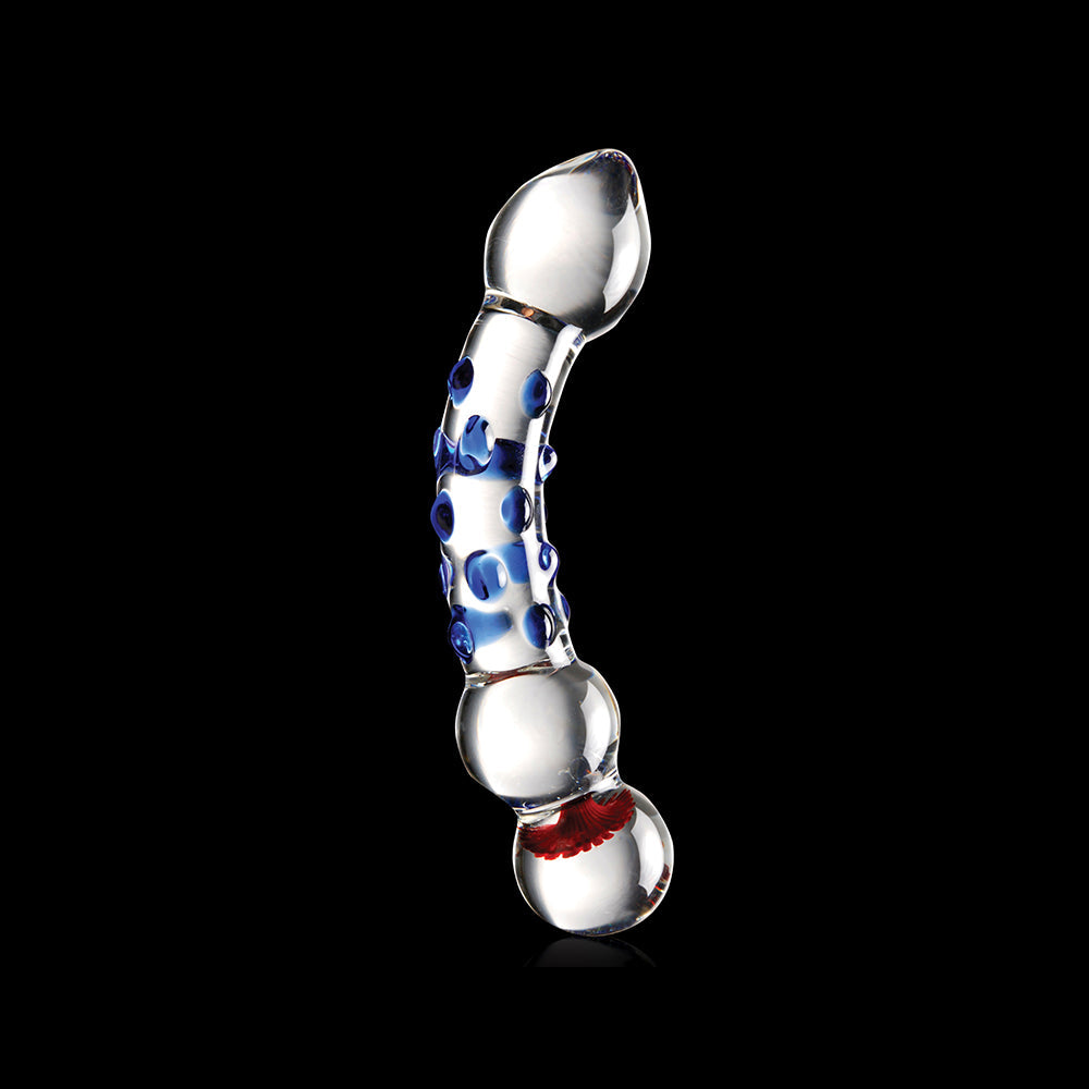 Icicles No. 18 Curved Textured 7.5 inches Glass Dildo Blue/Red/Clear