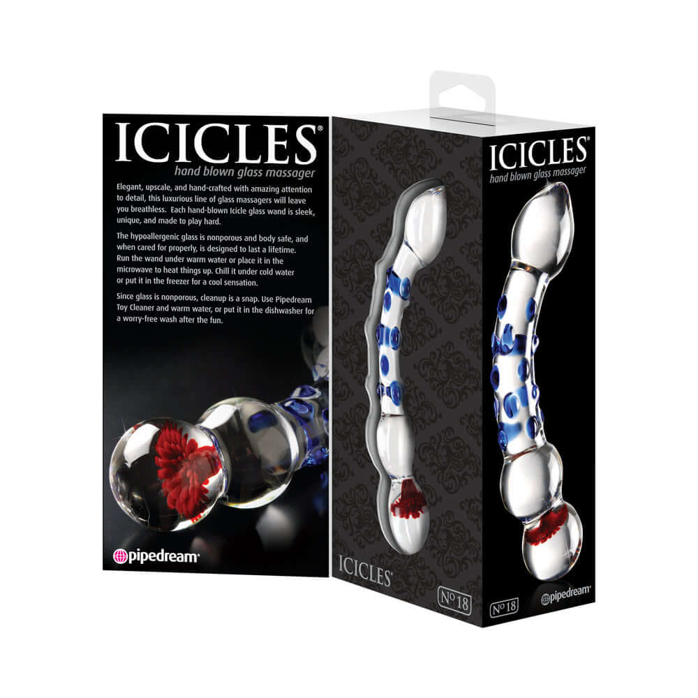 Icicles No. 18 Curved Textured 7.5 inches Glass Dildo Blue/Red/Clear