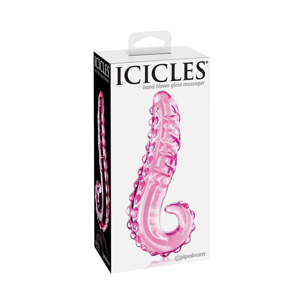 Icicles Number 24 Curved Glass Dildo Pink 6 inches in packaging showcasing its elegant design and luxury craftsmanship.
