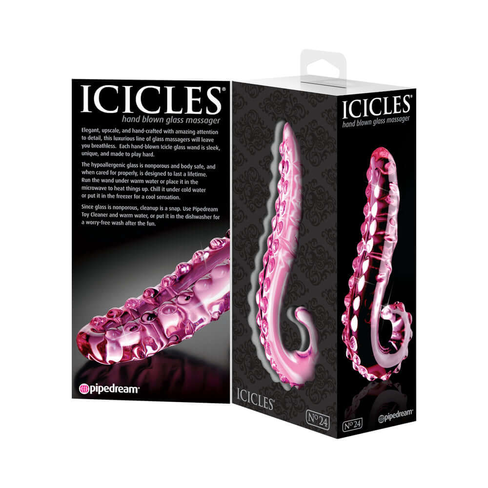 Icicles Number 24 Curved Glass Dildo Pink 6 inches packaging showcasing its elegant design and luxurious detail.