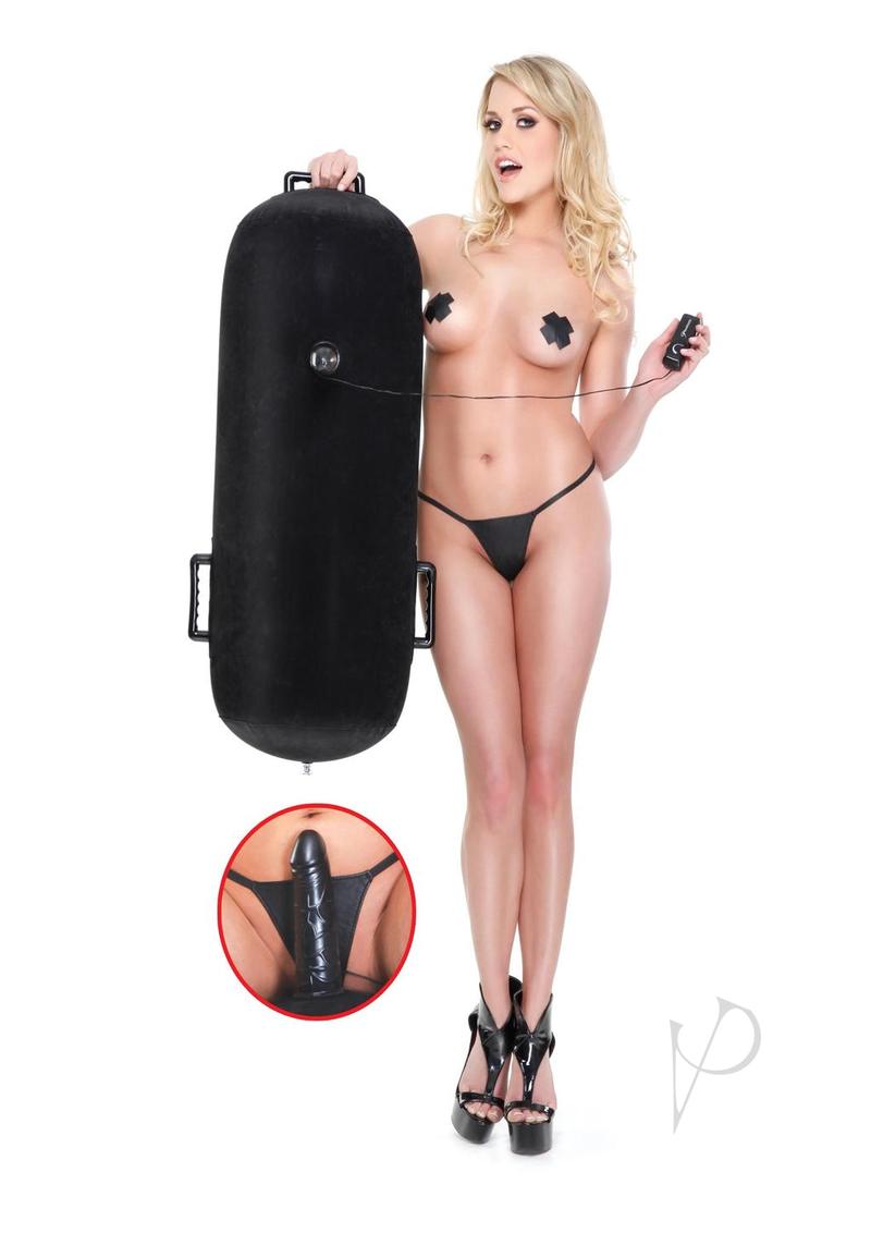 Fetish Fantasy Inflatable Luv Log Position Pillow with model showcasing its features and controls.