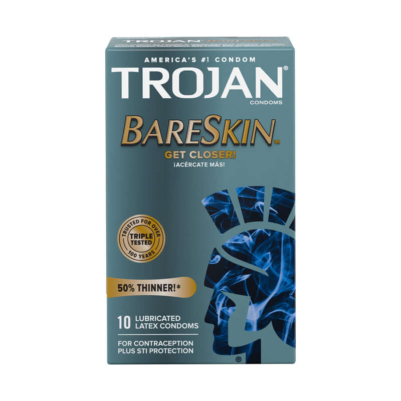Trojan Bare Skin Lubricated Condoms 10 Pack with text about being thinner and lubed.