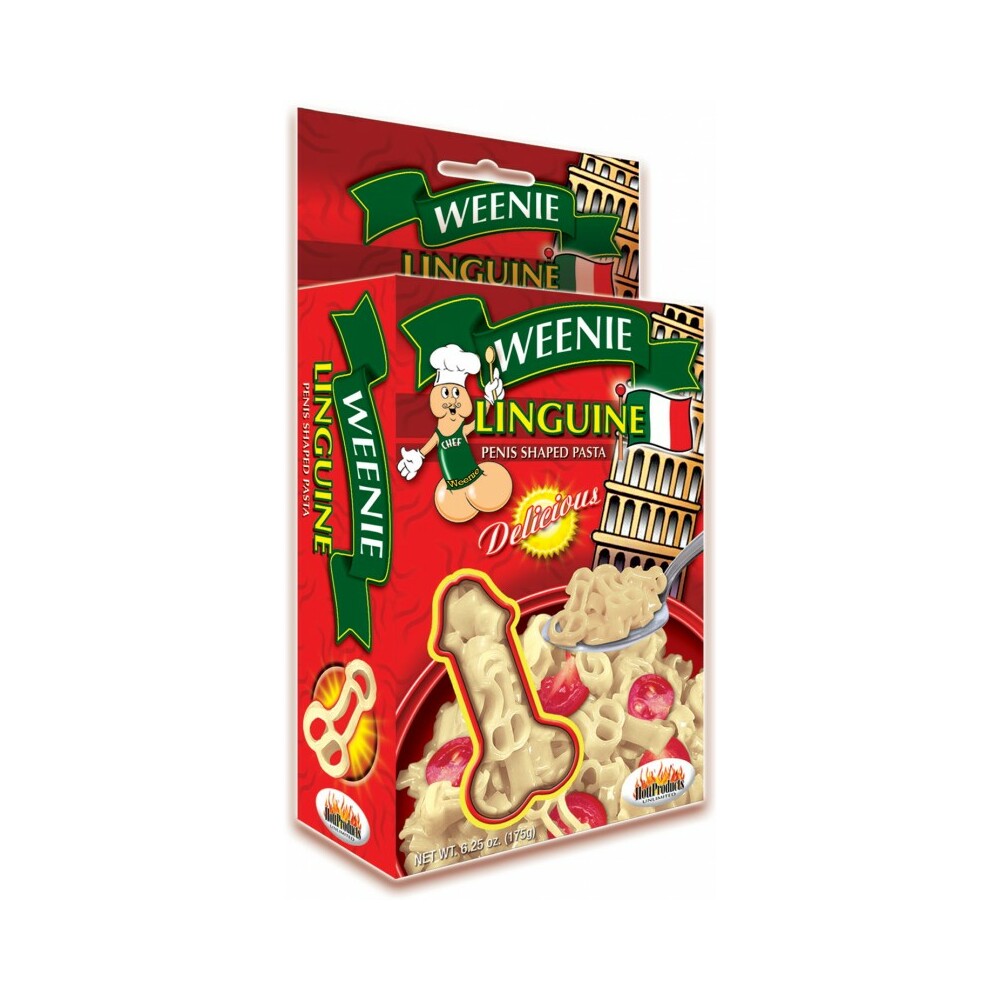 Weenie Linguine Penis Shaped Pasta 6.25 Oz packaging featuring playful pasta shapes and colorful design.