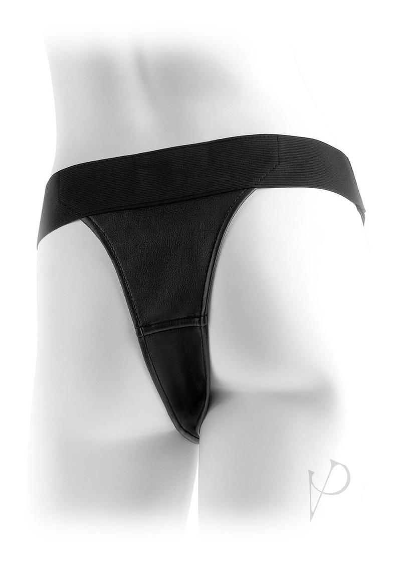 Fetish Fantasy Series Crotchless Adjustable Harness Black on a mannequin, showcasing the sleek design and adjustable straps.