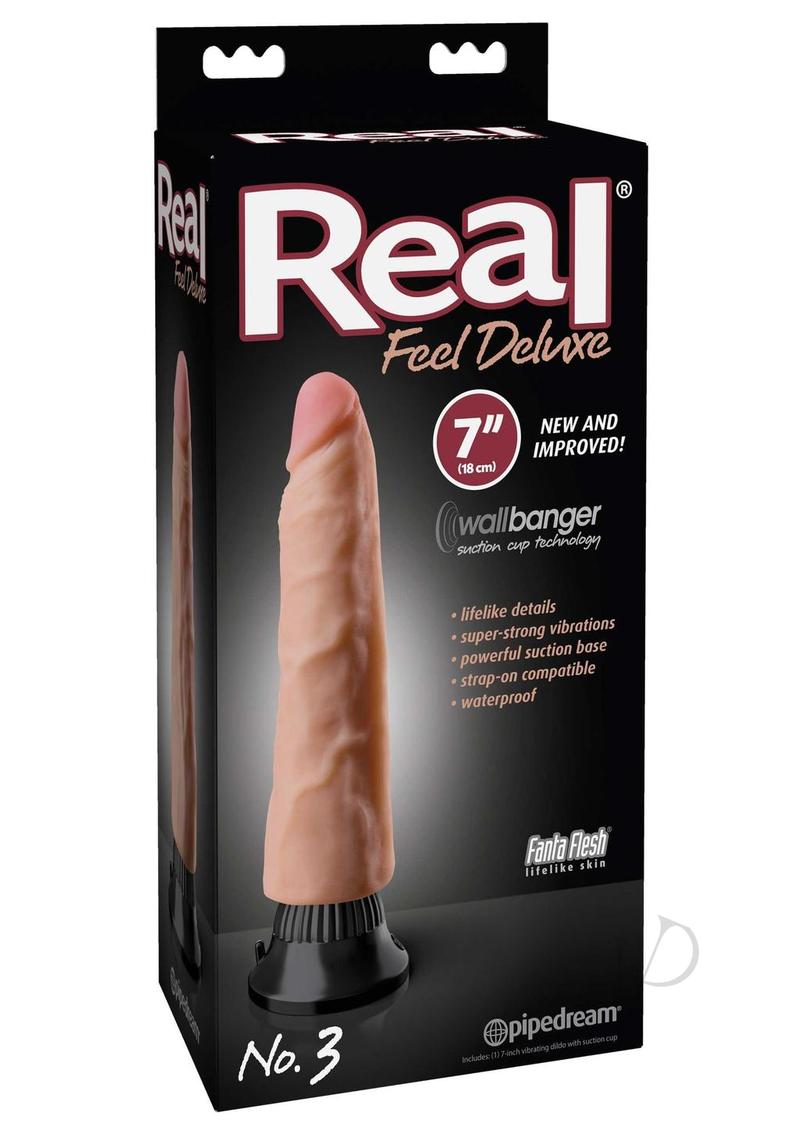 Real Feel Deluxe Wallbanger Vibrating Dildo 7 inch Vanilla packaging showcases lifelike design and suction cup technology.