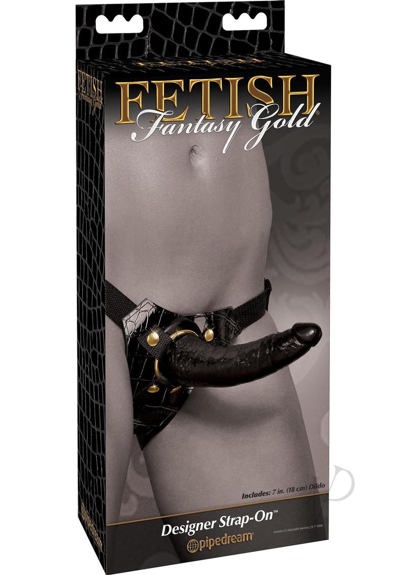 Fetish Fantasy Gold Designer Strap-On 7 inch Black Gold packaging showing a strap-on with a stylish design.