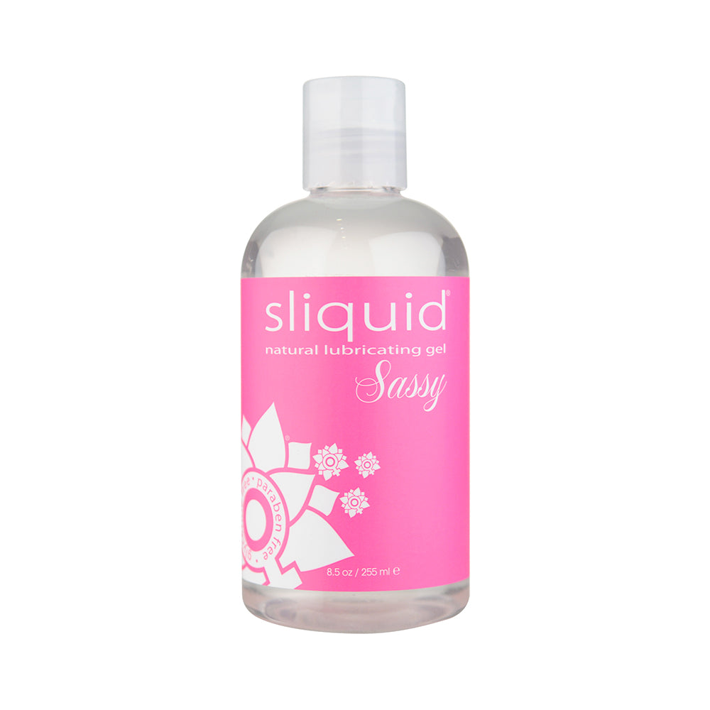Sliquid Sassy Intimate Gel Booty Formula 8.5 Oz bottle with pink label and clear gel inside.