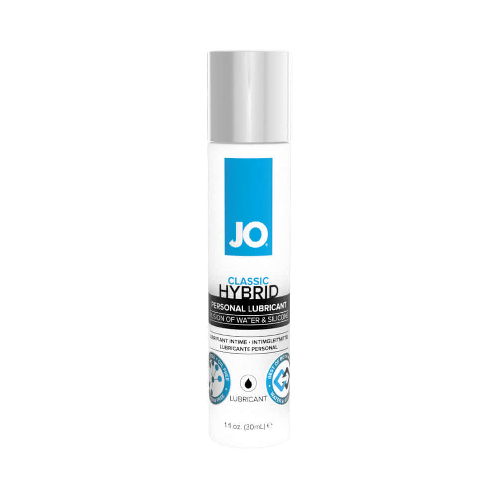 JO Classic Hybrid Lubricant 1 Oz bottle featuring advanced hybrid formula for smooth glide and easy cleanup.