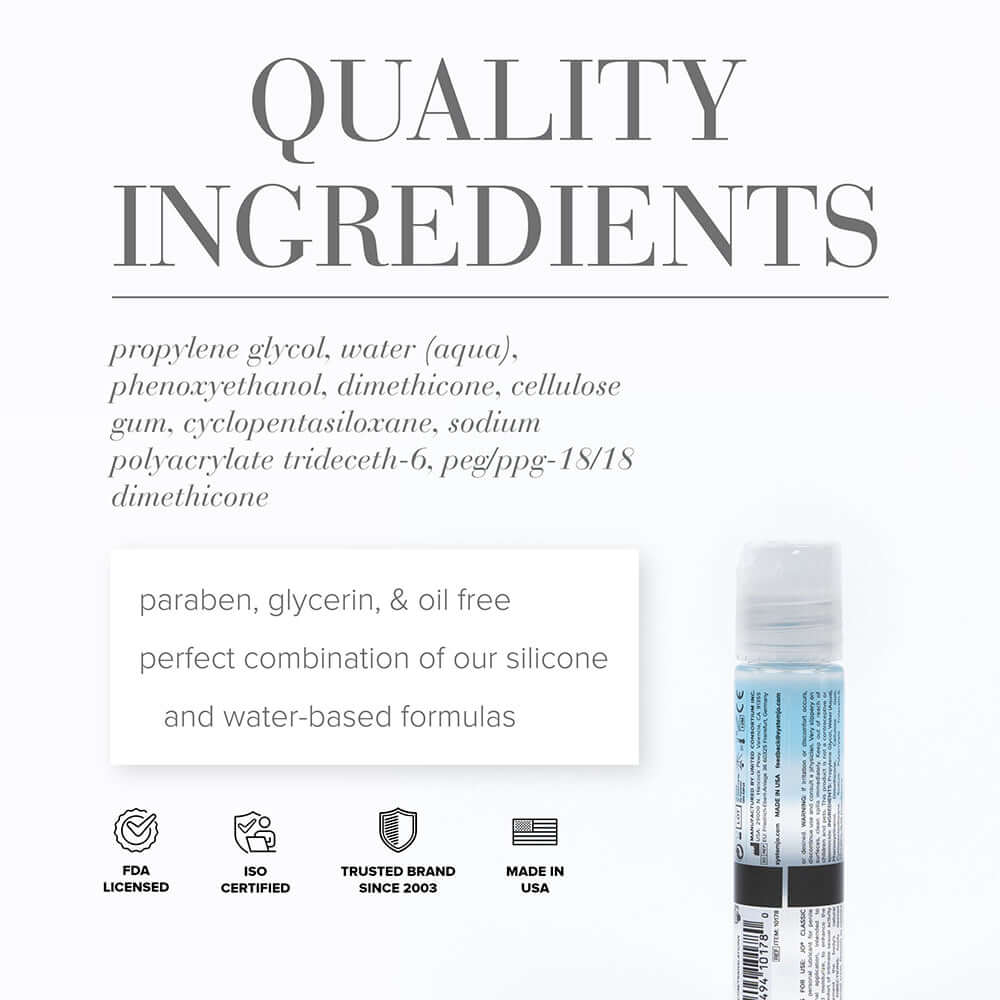 Image of JO Classic Hybrid Lubricant 1 Oz ingredients list highlighting quality components and certifications.