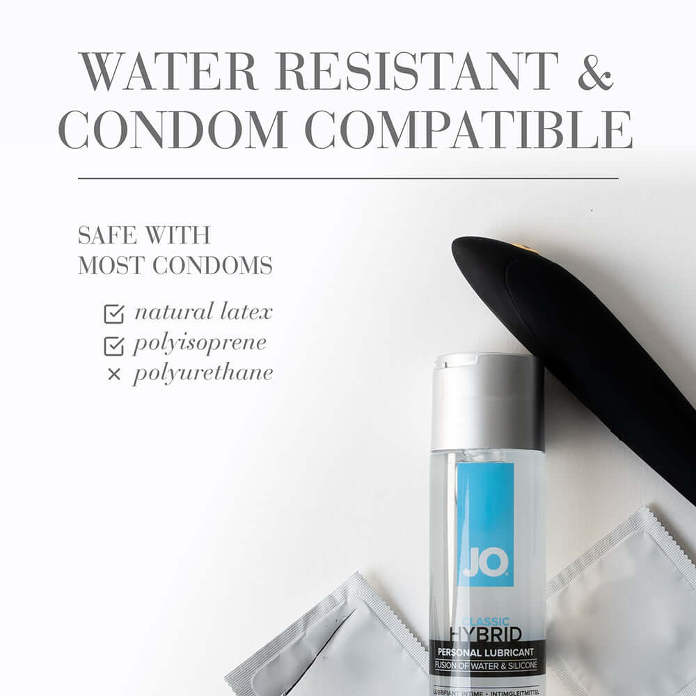 JO Classic Hybrid Lubricant 1 Oz with water resistant and condom compatible label and packaging.