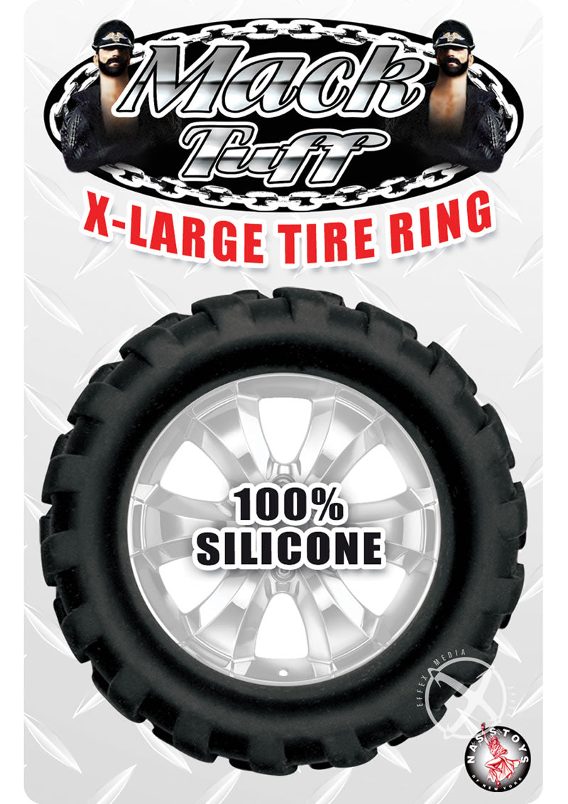 Mack Tuff X Large Tire Silicone Cock Ring Black packaging featuring a rubber tire design and 100% silicone text.