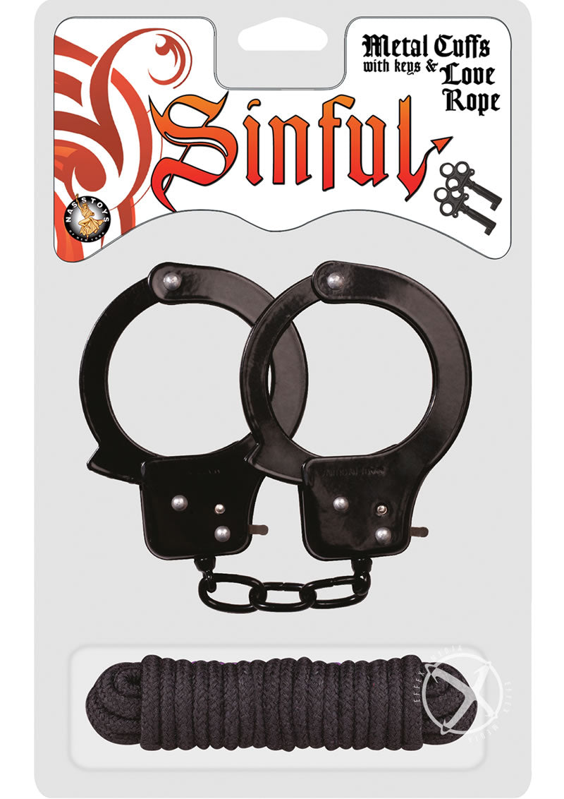 Sinful Metal Cuffs with Keys and Love Rope Black set featuring metal handcuffs and soft binding rope.
