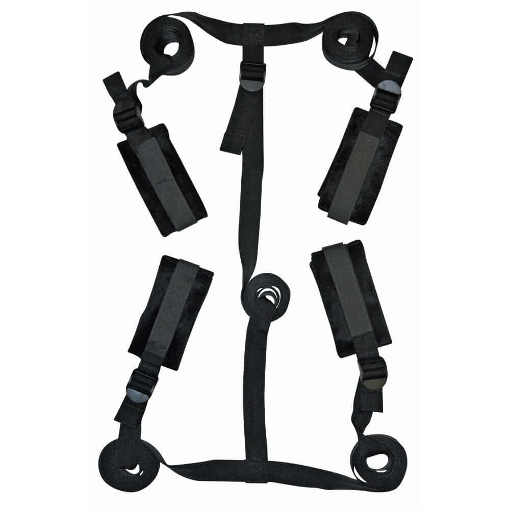 Sportsheets Sex & Mischief 5-Piece Bed Bondage Restraint Kit Black, featuring adjustable straps and comfortable restraints.
