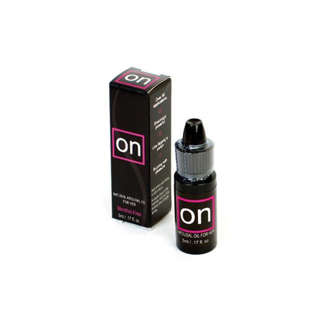 Sensuva ON Arousal Oil Original 5 ml Bottle with packaging next to it on a white background.