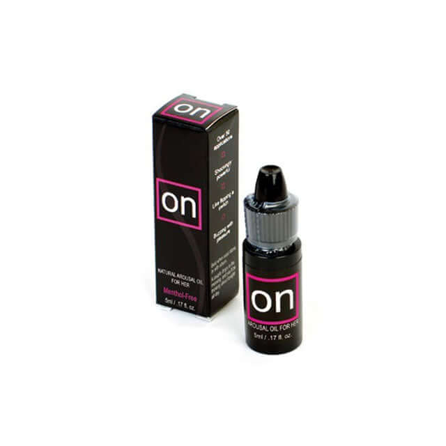 Sensuva ON Arousal Oil Original 5 ml Bottle with packaging next to it on a white background.