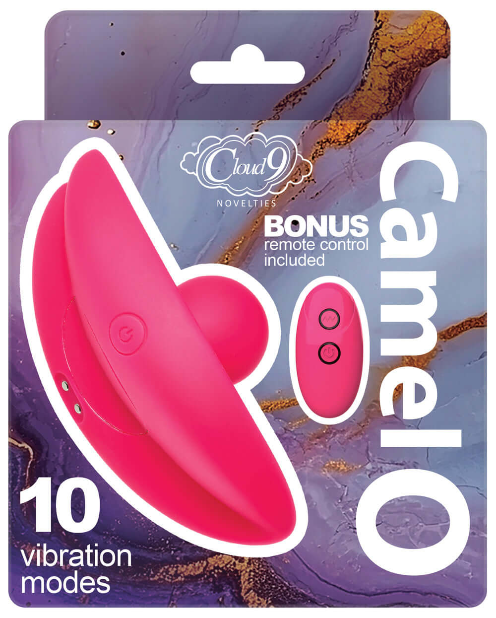 Cloud 9 Camel Toe Shaped Vibrator With Remote packaging showing bonus remote control and 10 vibration modes.