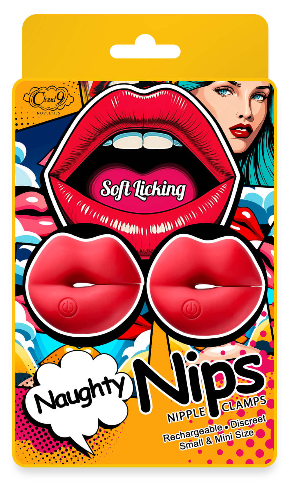 Cloud 9 Naughty Nips Vibrating Nipple Clamp Pair Red packaging featuring red nipple clamps and bold graphic design.