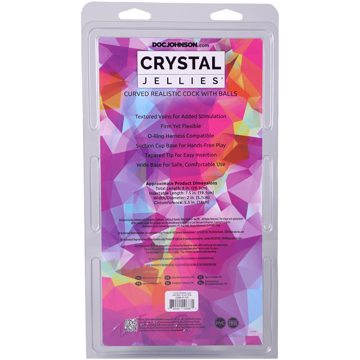 Crystal Jellies Curved Realistic Cock With Balls 8 Inch Teal packaging with features and dimensions.