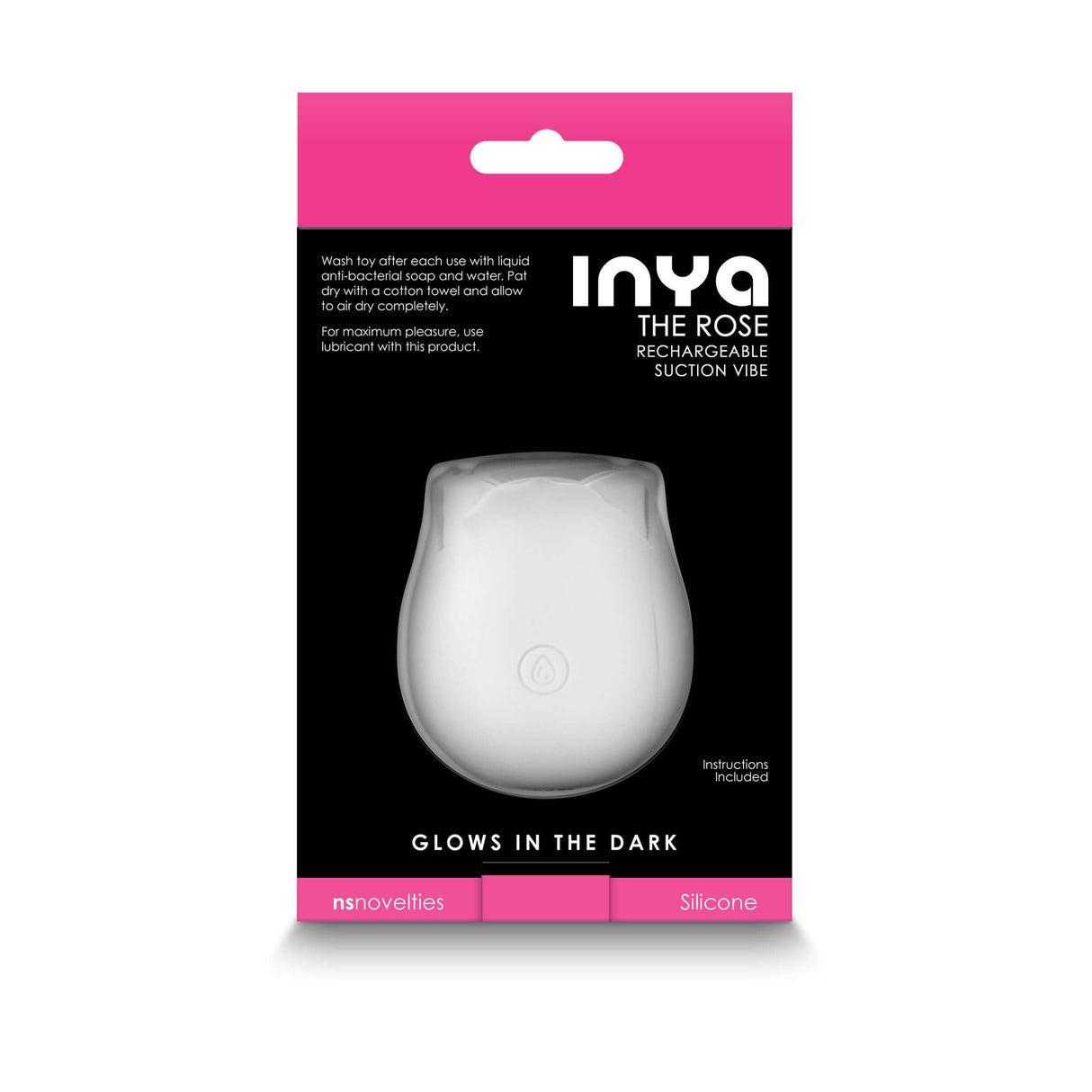 Inya the Rose Glow in the Dark Suction White packaging featuring a sleek design for air pulse stimulation.