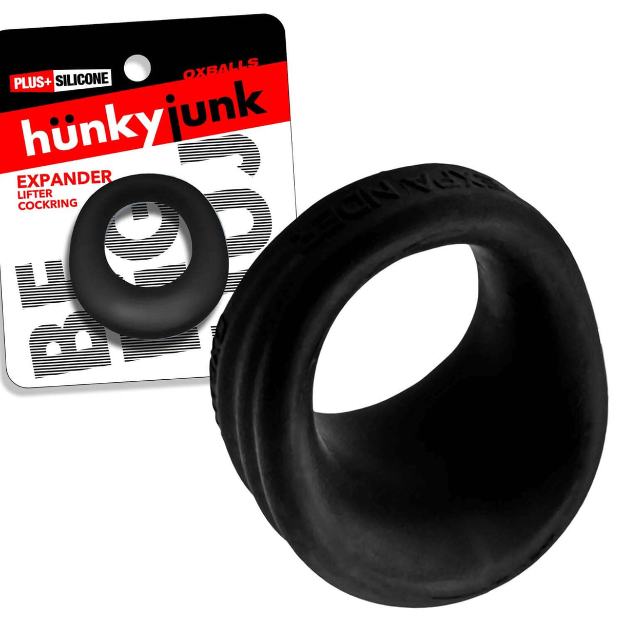 Oxballs Expander Slimmer Scoop Style Cockring Black Fog with packaging and smooth texture.