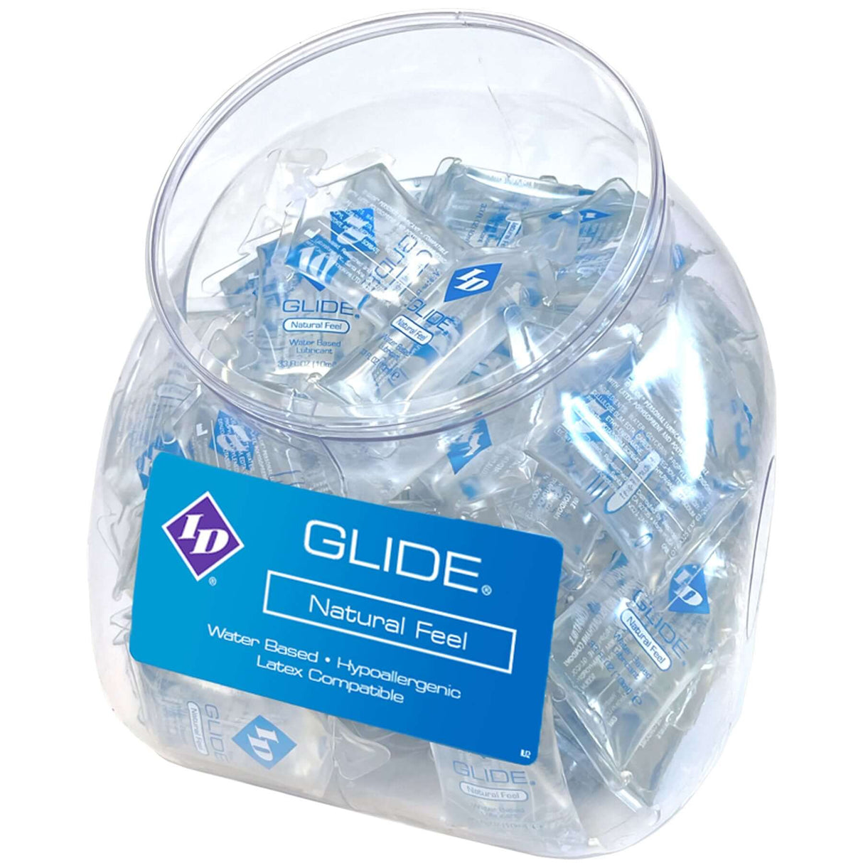 ID Glide Water-based Lubricant 10 ml Pillow Jar 144 Count in a clear jar, showcasing individual lubricant packets.