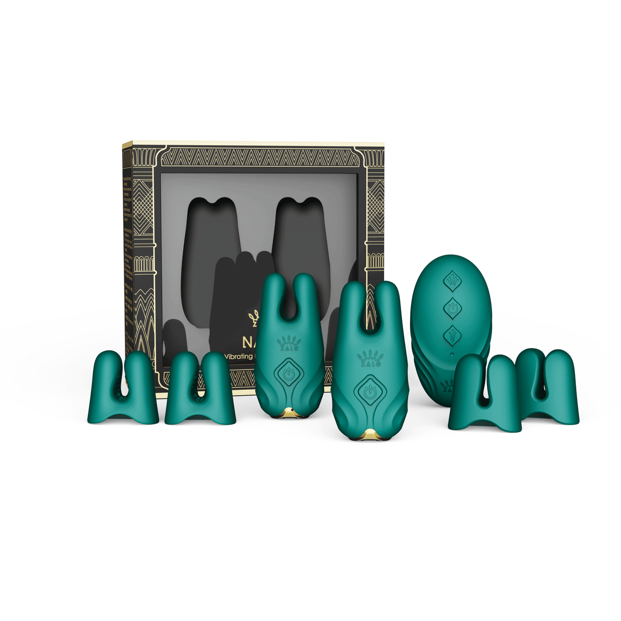 ZALO NAVE Vibrating Nipple Clamps in Turquoise Green with EasyClamp Technology and Dual Motors, Packaging and Contents Displayed