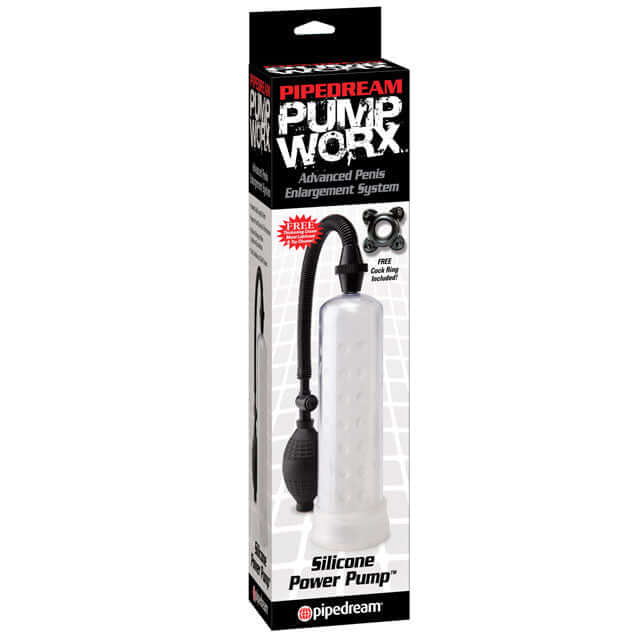 Pump Worx Silicone Power Pump Clear packaging showing a vacuum cylinder and silicone seal for enhanced performance.