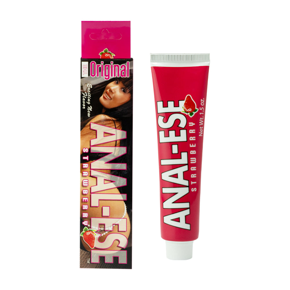 Anal-Ese Strawberry Desensitizing Cream 1.5 Oz in a tube and box for smoother anal play.