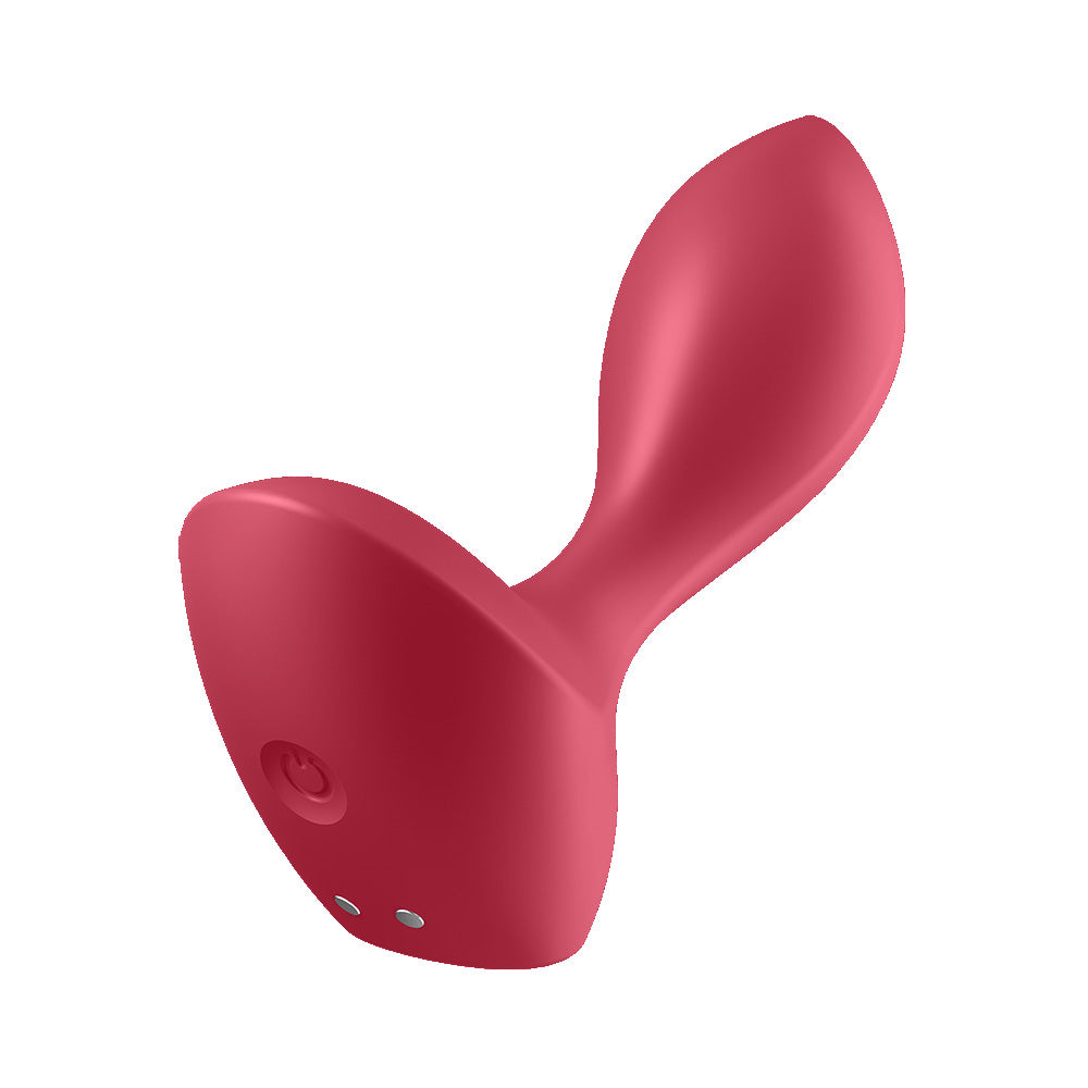 Satisfyer Backdoor Lover Vibrating Anal Plug Red in smooth silicone with tapered shape and control button.