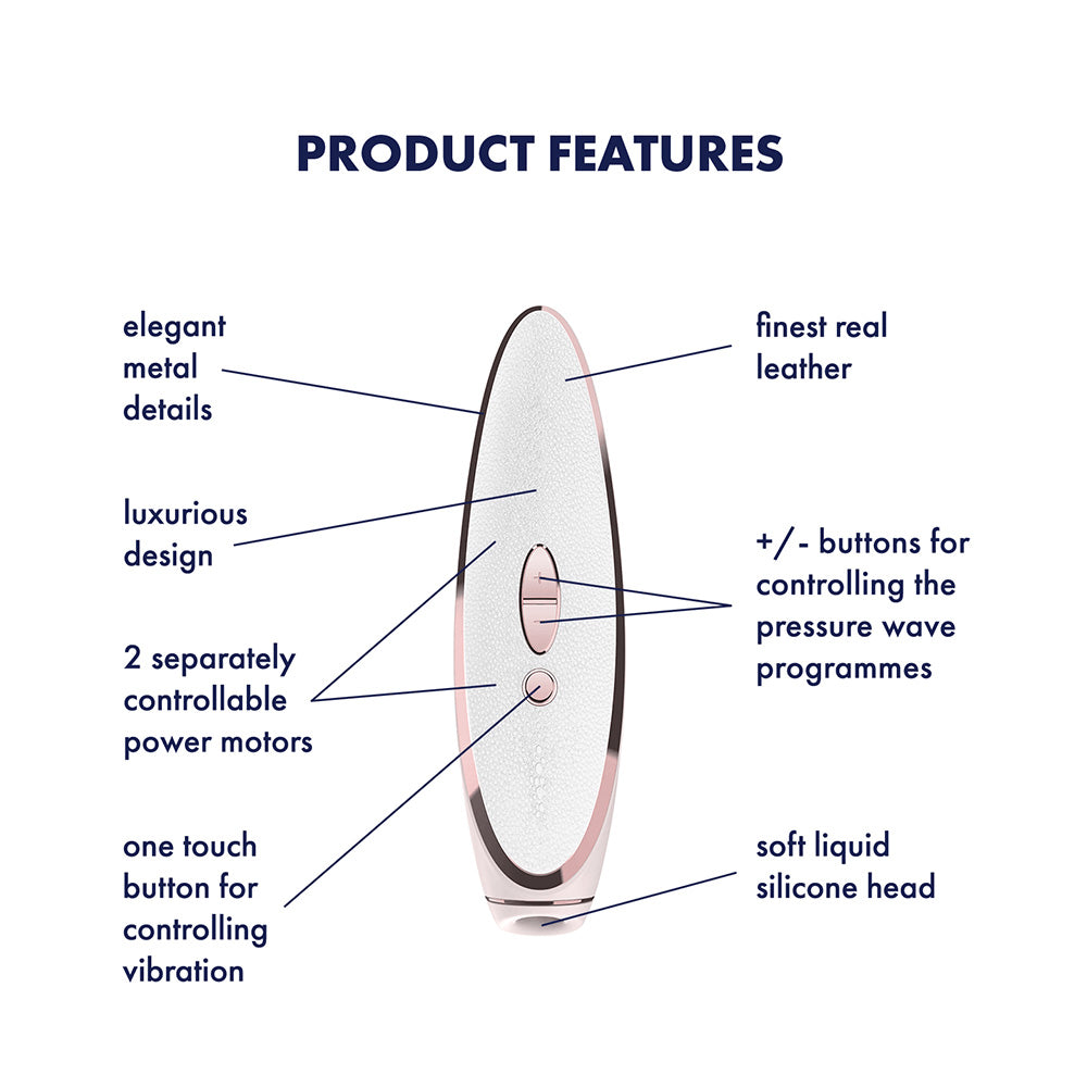 Satisfyer Pret-a-porter Pressure Wave Clitoral Vibrator features sleek design, real leather, and dual motors for enhanced pleasure.