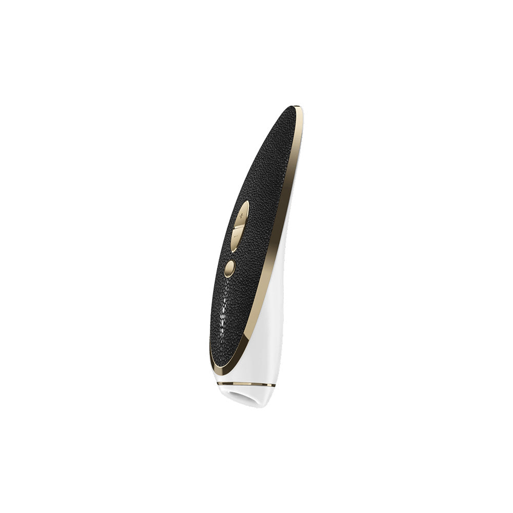 Satisfyer Haute Couture Pressure Wave Clitoral Vibrator, featuring black leather and gold detailing for luxurious pleasure.
