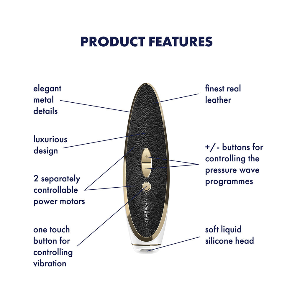 Satisfyer Haute Couture Pressure Wave Clitoral Vibrator product features including elegant metal details and soft silicone head.