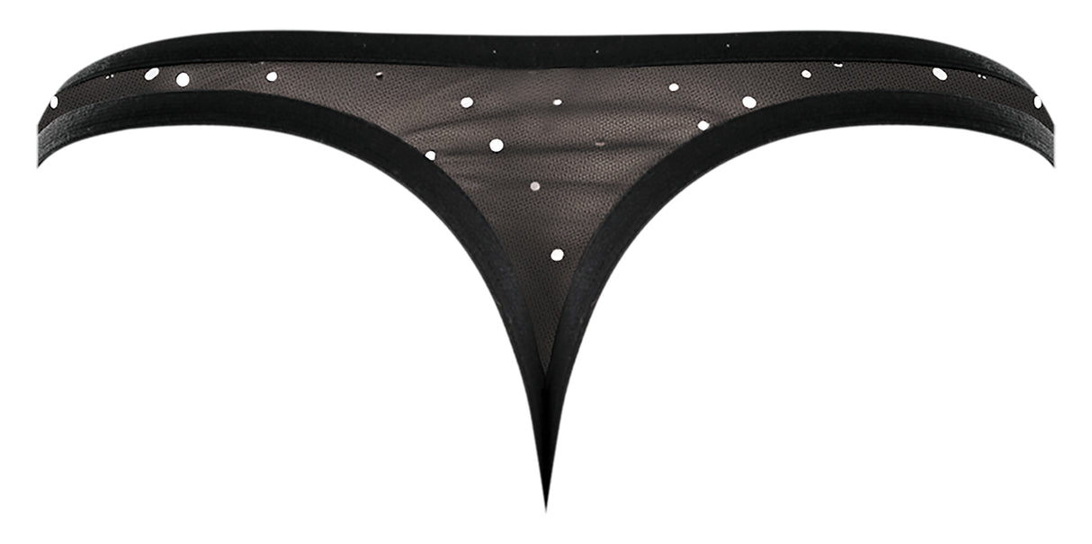 Male Power Show Stopper Thong Black L XL featuring a sheer micro mesh design with silver dots.