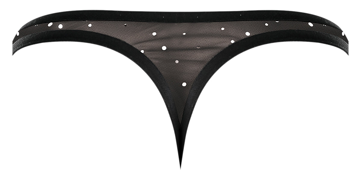Male Power Show Stopper Micro Mesh Thong Black S/M featuring silver dots and plush elastic trim for a sleek fit.