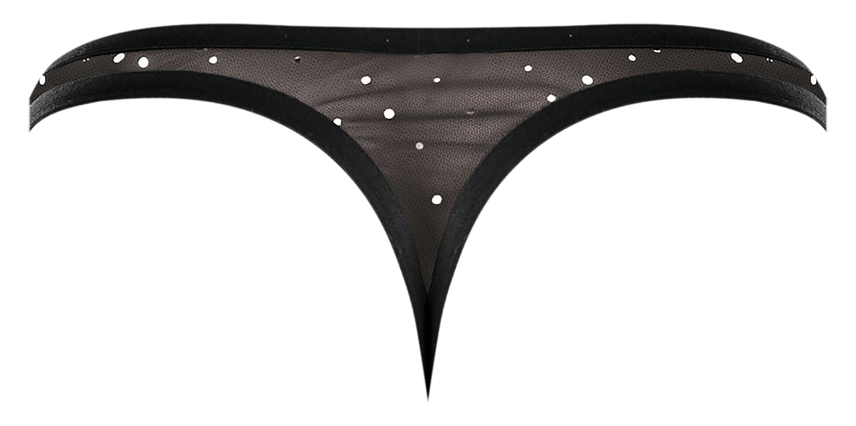 Male Power Show Stopper Micro Mesh Thong Black S/M featuring silver dots and plush elastic trim for a sleek fit.