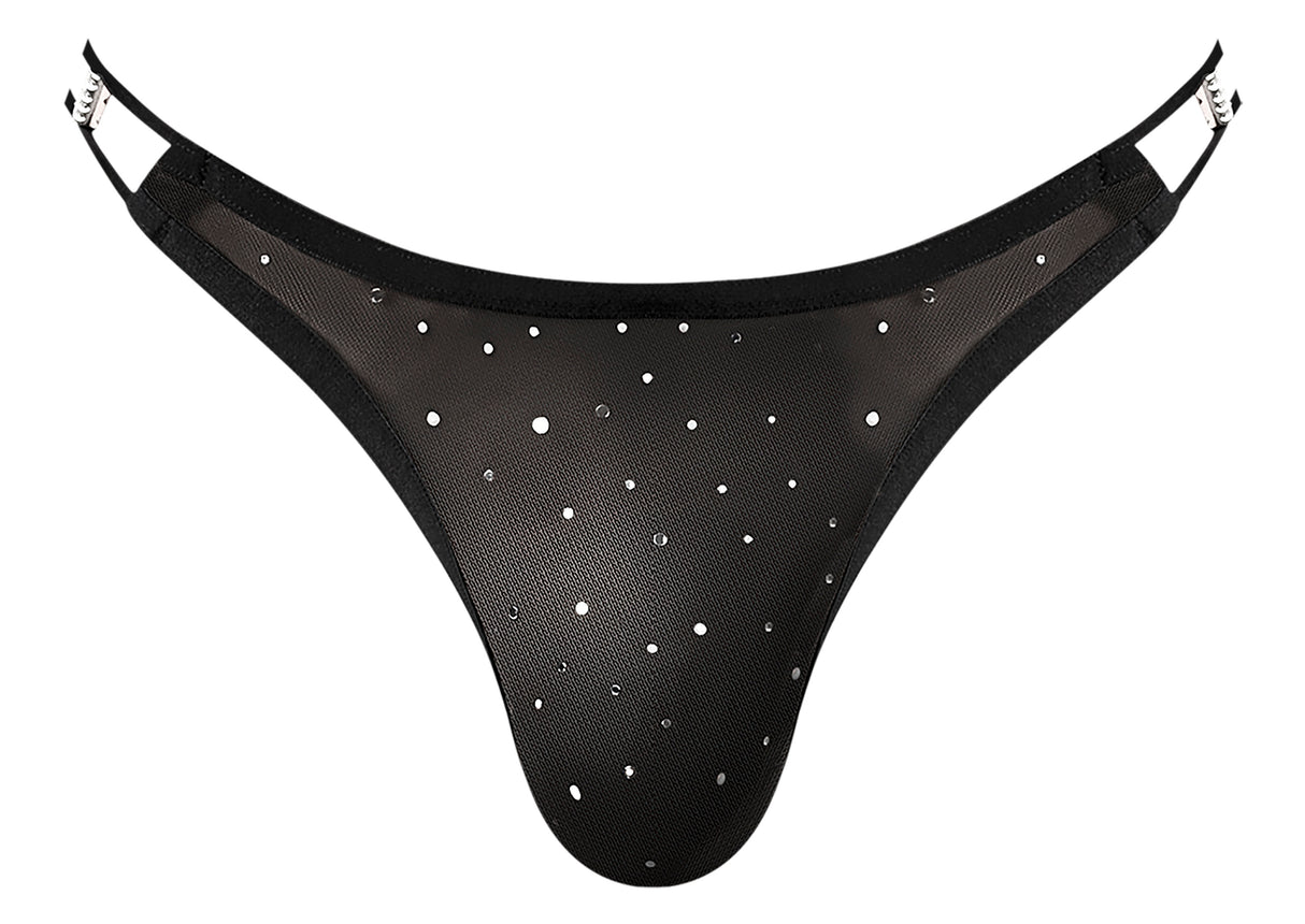 Male Power Show Stopper Thong Black L XL featuring silver dots and a sleek design.