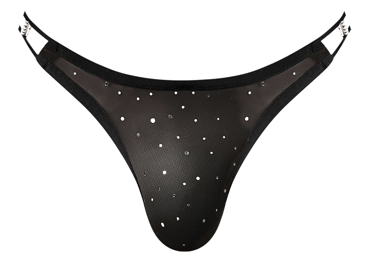 Male Power Show Stopper Micro Mesh Thong Black S/M featuring silver dots and plush elastic trim.