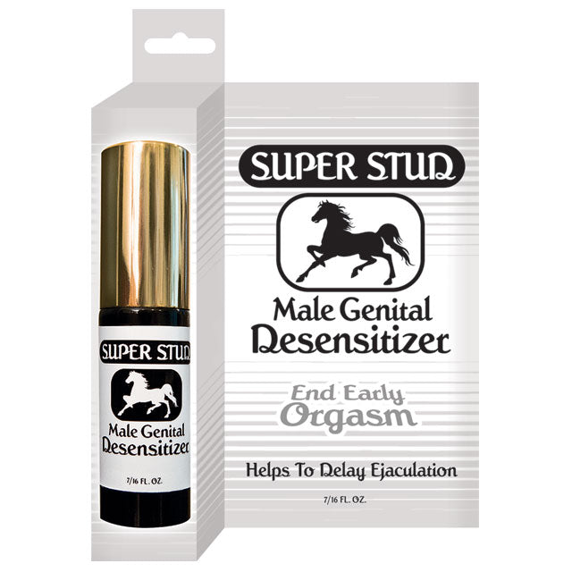 Super Stud Male Genital Desensitizer spray bottle for delaying ejaculation and enhancing intimate experiences.