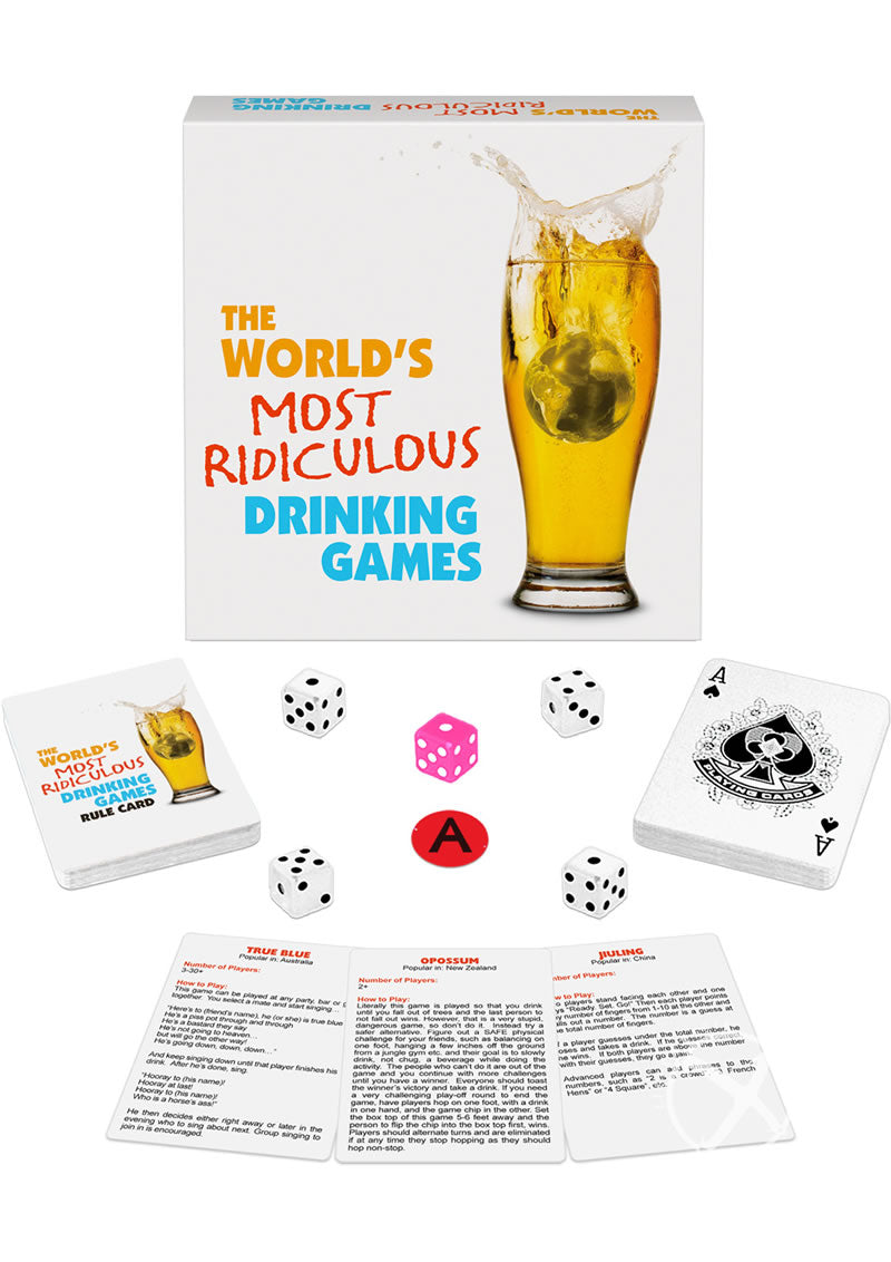 Image of the World's Most Ridiculous Drinking Games set with dice, cards, and rule cards for fun party activities.