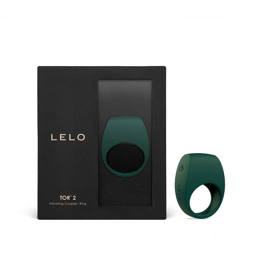 LELO Tor 2 Vibrating Couples Ring Green packaging and product displayed in a sleek design, highlighting its luxury and quality.